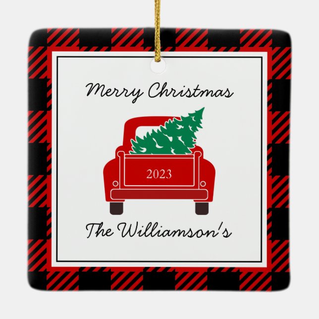 Ornement En Céramique Joyeux Noël Photo Année Nom Camion Rouge Arbre (Dos)