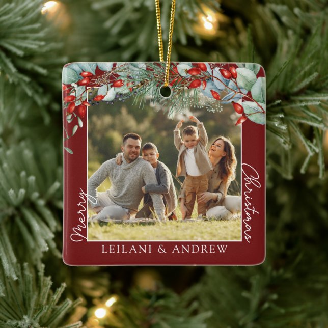 Ornement En Céramique Joyeux Noël Photo & Aquarelle Holly Burgundy (Arbre)
