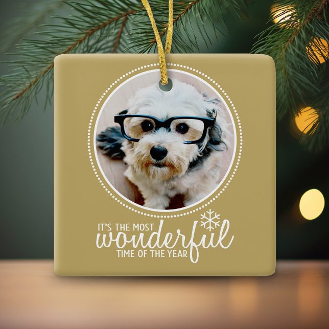 Ornement En Céramique Joyeux Noël Photo Carte de voeux Or (Photo Ornament with Gold Background)