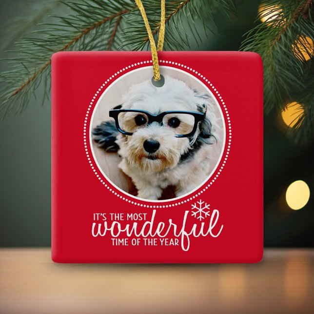 Ornement En Céramique Joyeux Noël Photo Carte de voeux Rouge Merveilleux (Photo Christmas Ornament)