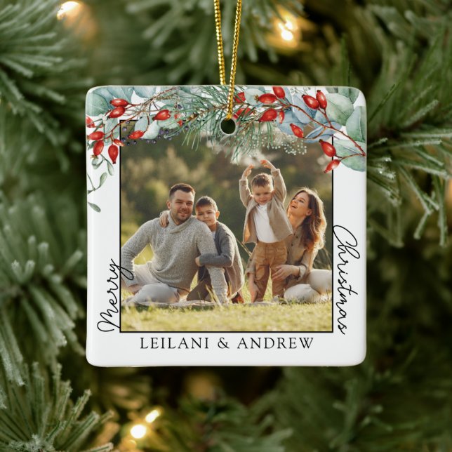 Ornement En Céramique Joyeux Noël photo et aquarelle Holly (Arbre)