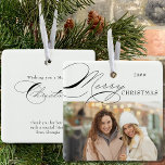 Ornement En Céramique Joyeux Noël photo et élégante calligraphie<br><div class="desc">Joyeux ornement photo de Noël que vous pouvez personnaliser avec votre photo préférée et le libellé personnalisé au dos. Design typographique élégant avec calligraphie tourbillonnant et facile à éditer pour ami ou famille. Cet ornement de vacances est écrit avec Joyeux Noël d'un côté et texte modifiable de l'autre. L'exemple de...</div>