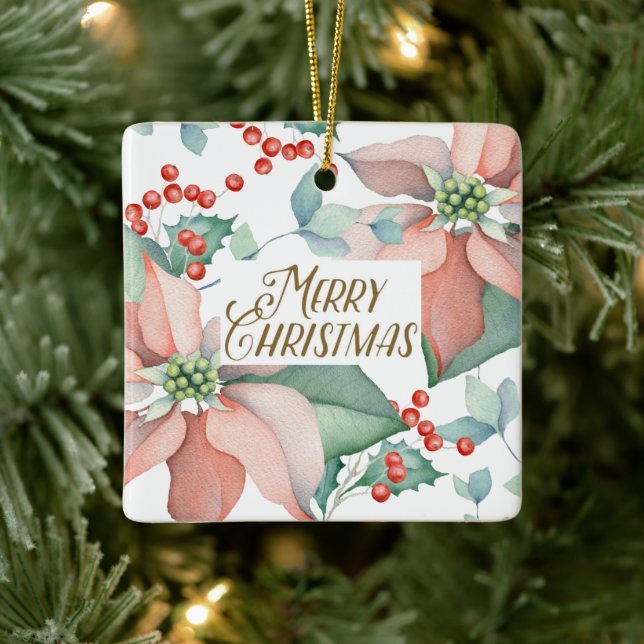 Ornement En Céramique Joyeux Noël Poinsettia Holly Aquarelle Floral (Arbre)