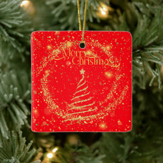 Ornement En Céramique Joyeux Noël! Poussière d'or contre le rouge, Glitt