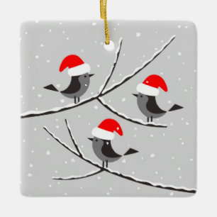 Ornement En Céramique Joyeux Noël Red Santa Hat Birds