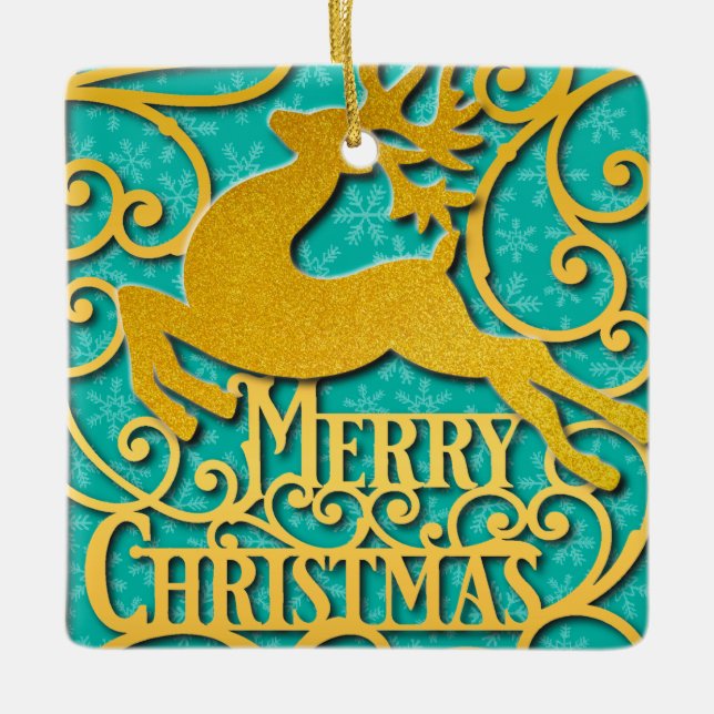 Ornement En Céramique Joyeux Noël Reindeer Silhouettes Snowflake (Devant)