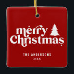 Ornement En Céramique Joyeux Noël retro police photo vacances<br><div class="desc">Joyeux Noël retro police photo de vacances design. Avec du texte et des arbres dessinés à la main.</div>