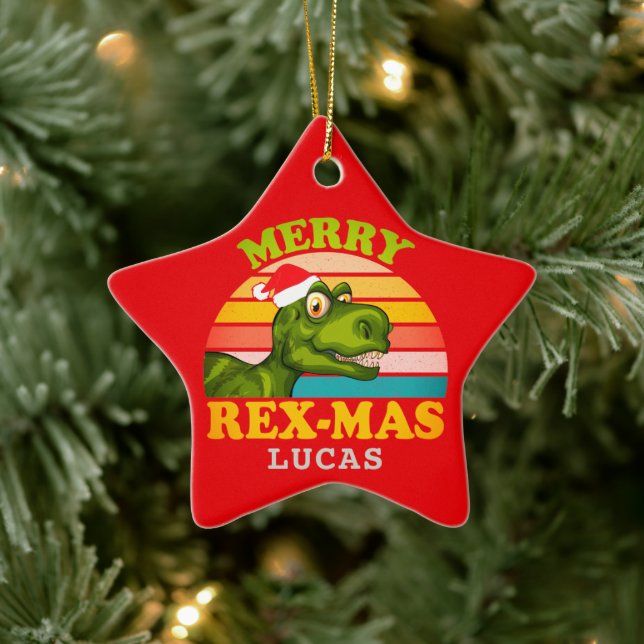 Ornement En Céramique Joyeux Noël Rex-mas Dinosaur Nom personnalisé (Arbre)