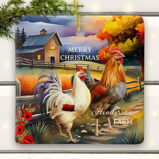 Ornement En Céramique Joyeux Noël Rooster Chicken Farm (Christmas ceramic ornament featuring a colorful painting of a rooster and chicken - farmhouse)