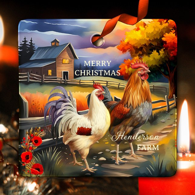 Ornement En Céramique Joyeux Noël Rooster Chicken Farm (Christmas ornament featuring a colorful painting of a rooster and chicken on a country farm)