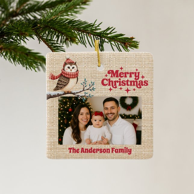 Ornement En Céramique Joyeux Noël rouge photo burlap beige hibou (Créateur téléchargé)