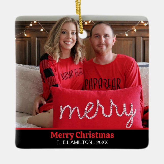 Ornement En Céramique Joyeux Noël Rouge Photo jouée (Devant)