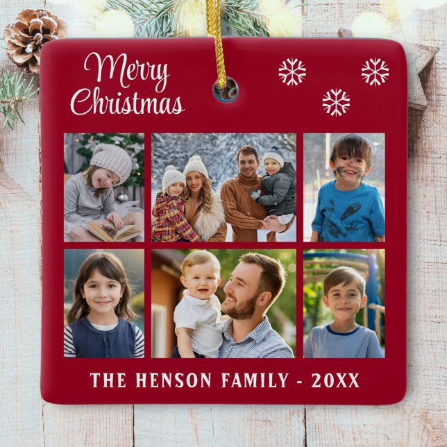 Ornement En Céramique Joyeux Noël Snowflakes Famille 6 Photo Collage (Créateur téléchargé)