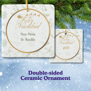 Ornement En Céramique Joyeux Noël Vert Sauge et Toile Carrée Or