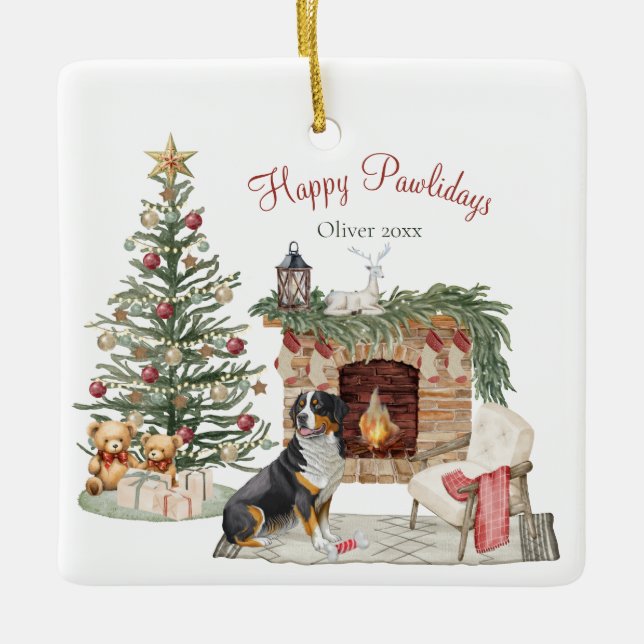 Ornement En Céramique Joyeux Pawlidays Chien Design - Bernese Mountain D (Devant)