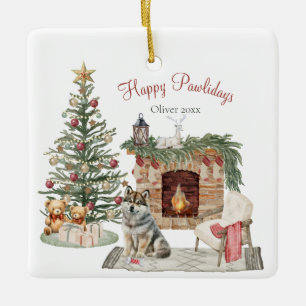 Ornement En Céramique Joyeux Pawlidays Dessin de Chien - Husky