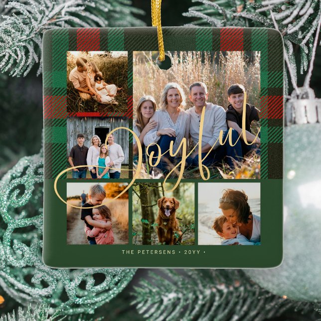 Ornement En Céramique Joyeux script famille photo collage plaid Noël (Créateur téléchargé)