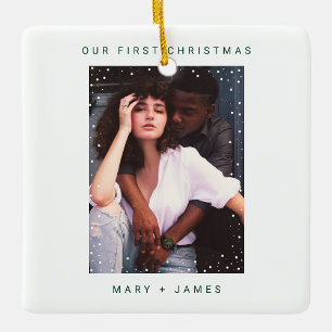 Ornement En Céramique Joyeux vert foncé et photo mariée