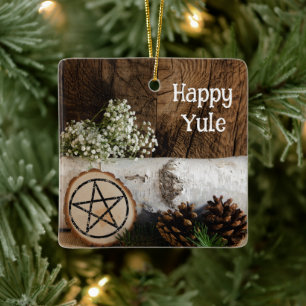 Ornement En Céramique Joyeux yule de bois naturel et cônes de pin