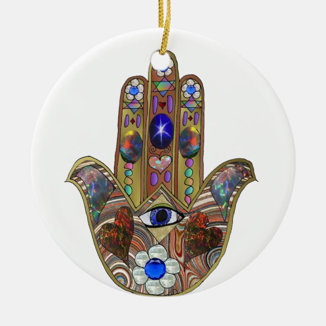Ornement En Céramique Judaica Hamsa Coeurs Fleurs Opal Art Imprimer (Devant)