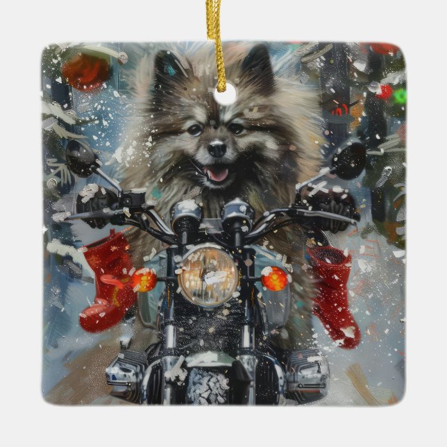 Ornement En Céramique Keeshond chien équitation moto Noël (Devant)