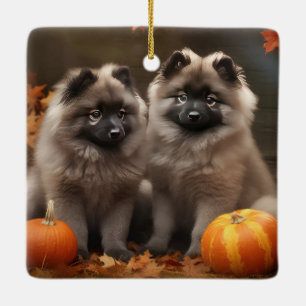Ornement En Céramique Keeshond Chiot Automne Citrouille délice