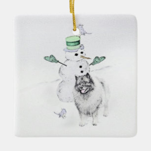 Ornement En Céramique Keeshond Noël Snowman Peinture Chien Art