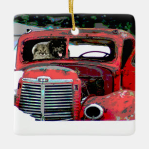Ornement En Céramique Keeshond Noël Vieux Camion Peinture Chien Art