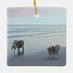 Ornement En Céramique Keeshonds at the Seashore Peinture Dog Art