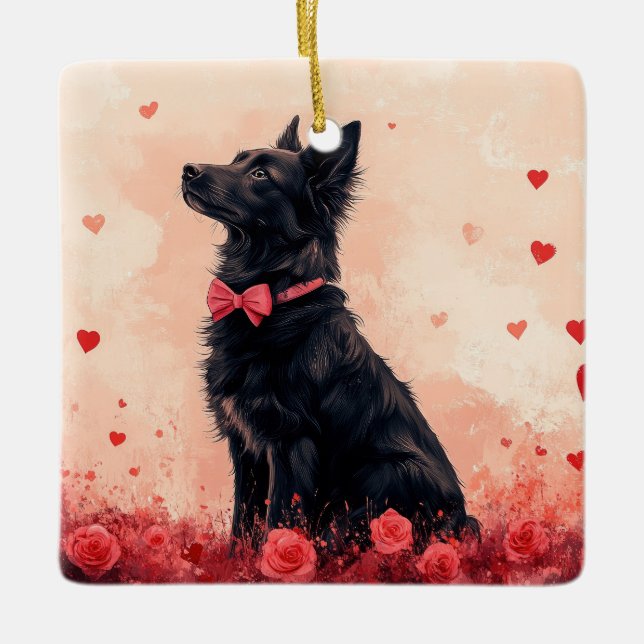 Ornement En Céramique Kelpie australienne avec Roses - Saint Valentin (Devant)