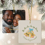 Ornement En Céramique Kitschy Bell Premier Noël Engagé Keepsaké mignon<br><div class="desc">Tout d'abord Noël a engagé un ornement de gardien personnalisé avec photo sur le dos. Créé à partir de cloches d'aquarelle et d'arc kitschy dessinées à la main. Art original de Leslie Larson.</div>