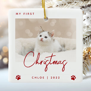 Ornement En Céramique Kitty Photo Chaton 1er Noël Empreintes Rouges