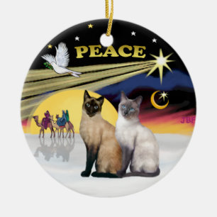 Ornement En Céramique La colombe de Noël - Deux chats siamois (Choc+Bleu