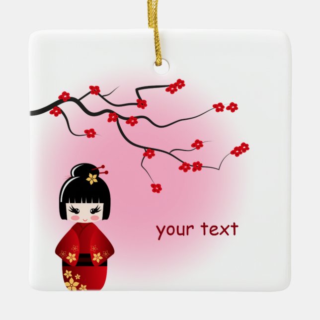 Ornement En Céramique La poupée japonaise de kokeshi à Sakura fleurit (Devant)