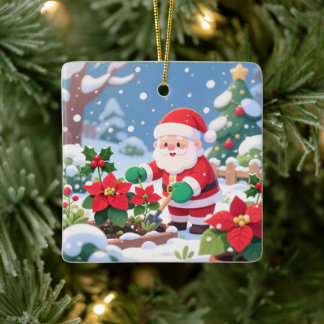 Ornement En Céramique La serre de Poinsettia enneigée du Père Noël