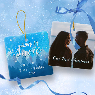 Ornement En Céramique Laisser neiger notre 1er Noël bleu