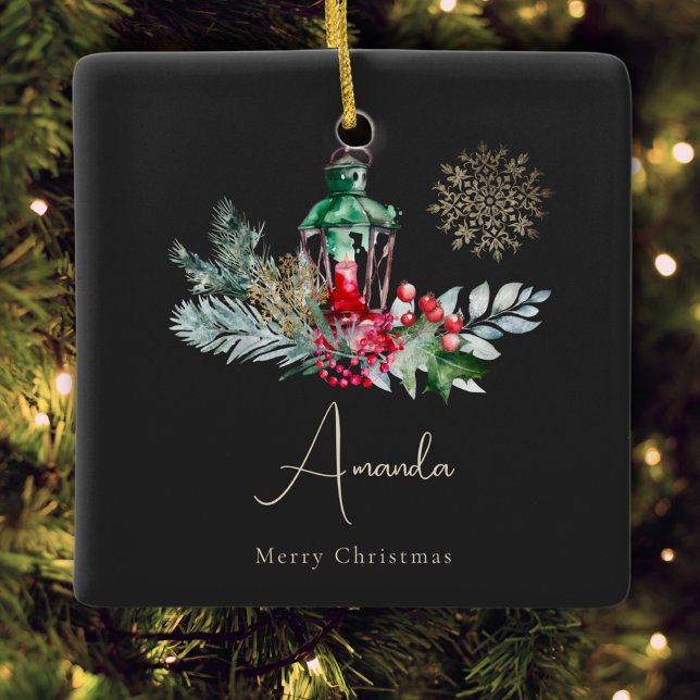 Ornement En Céramique Lanterne de feuillage d'or noir Joyeux Noël modern (Créateur téléchargé)