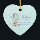 Ornement En Céramique Lapin Whimsical équitation dans un ballon à air ch<br><div class="desc">L'ornement commémoratif de naissance du bébé. Conçu avec une charmante illustration d'un petit lapin qui longe une montgolfière décorée d'un joli ruban rose,  accompagné de fleurs et de papillons. Un arrière - plan bleu pastel lui donne une atmosphère de rêve vintage.</div>