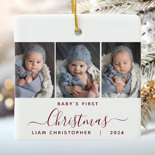 Ornement En Céramique Le 1er Noël de bébé 3 Photo Burgundy Rouge Script