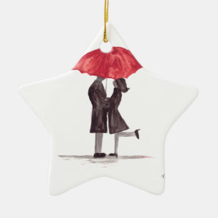 Ornement En Céramique Le couple romantique de Saint Valentin avec parapl