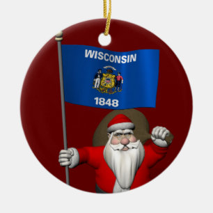 Ornement En Céramique Le père noël avec le drapeau du Wisconsin