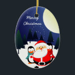Ornement En Céramique Le Père Noël mignon et les pingouins<br><div class="desc">Mignons Père Noël et manchots de Noël.</div>