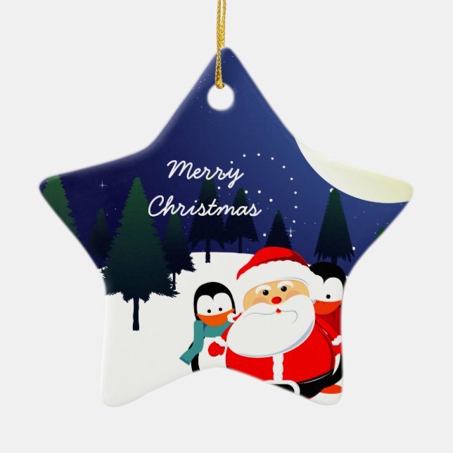 Ornement En Céramique Le Père Noël mignon et les pingouins (Devant)