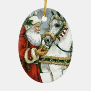 Ornement En Céramique Le Père Noël vintage Nourrit Son Cheval Blanc