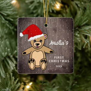 Ornement En Céramique Le premier Noël de bébé Ours en bois avec un chape