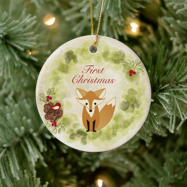 Ornement En Céramique Le premier Noël du bébé Fox et Wreath personnalisé (Arbre)