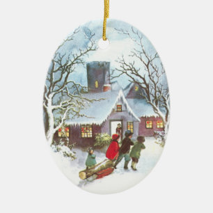 Ornement En Céramique Les enfants apportent à la maison Noël de cru de