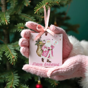 Ornement En Céramique Lettre rose Noël rétro Vintage Santa Claus