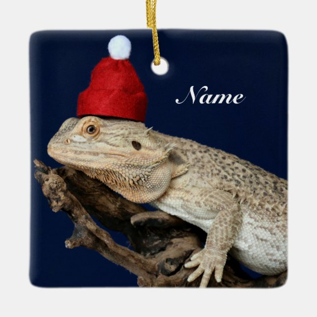 Ornement En Céramique Lézard Dragon Porté Personnalisé - Santa Hat (Devant)