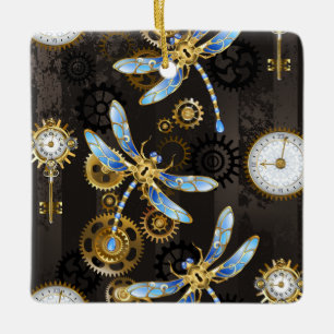 Ornement En Céramique Libellules Steampunk sur fond brun rayé